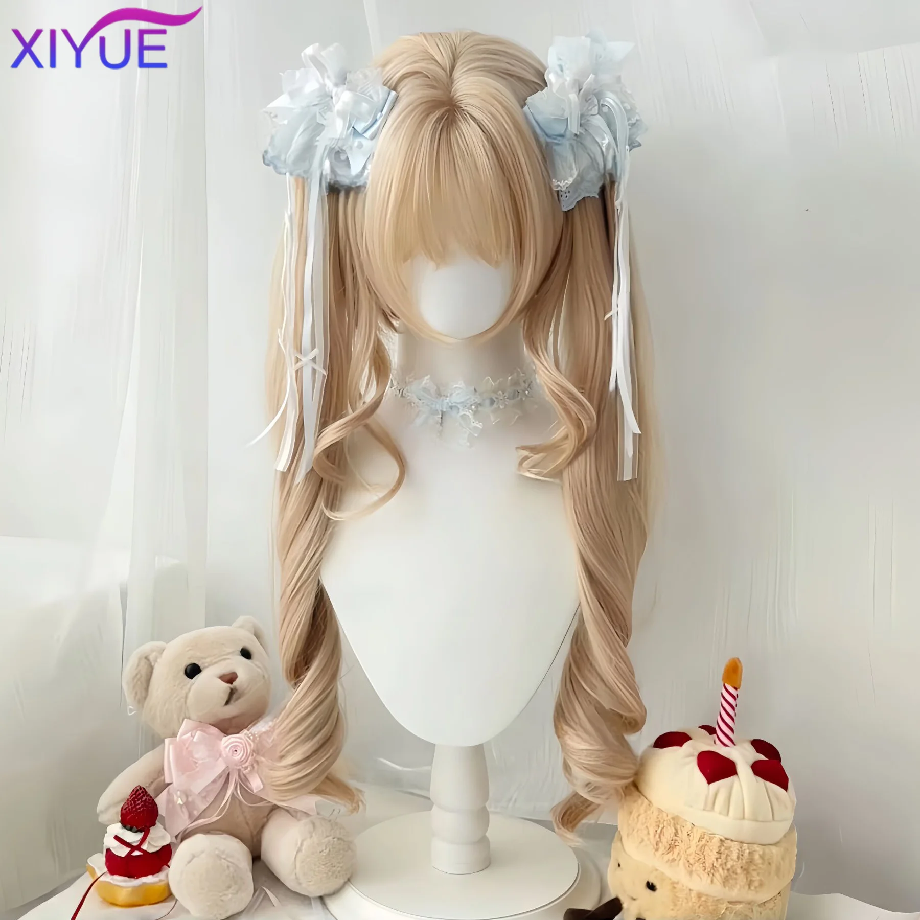 Blonde Twin Ponytail Princess Cut Natural Short Hair Synthetic Wigs With Bangs For Women Heat Resistant Cosplay Lolita Hair