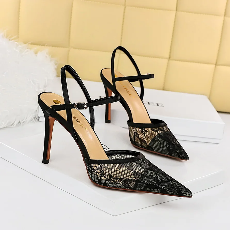 

BIGTREE Sexy Nightclub Sandals Women Thin High Heels Shallow Pointed Head Hollowed Out Mesh Lace One Line Strap Pumps Shoes