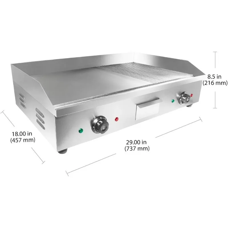 Electric Griddle | Teppanyaki Half Flat and Half Grooved Grill with Double Thermostat | No plug | Manual Control , 110V 2