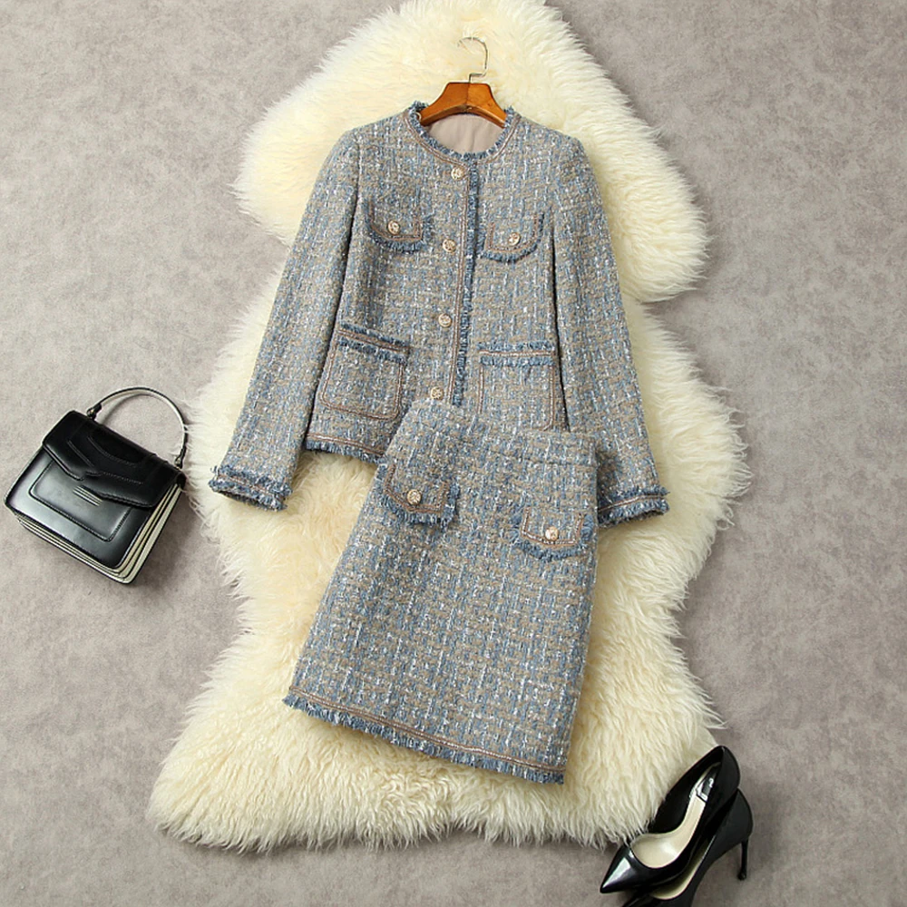 

Autumn Winter Tweed Office Lady Two-piece Suit Women Blue O-Neck Thick Jacket Plaid Tassel Skirt Set Single-Breasted Coat