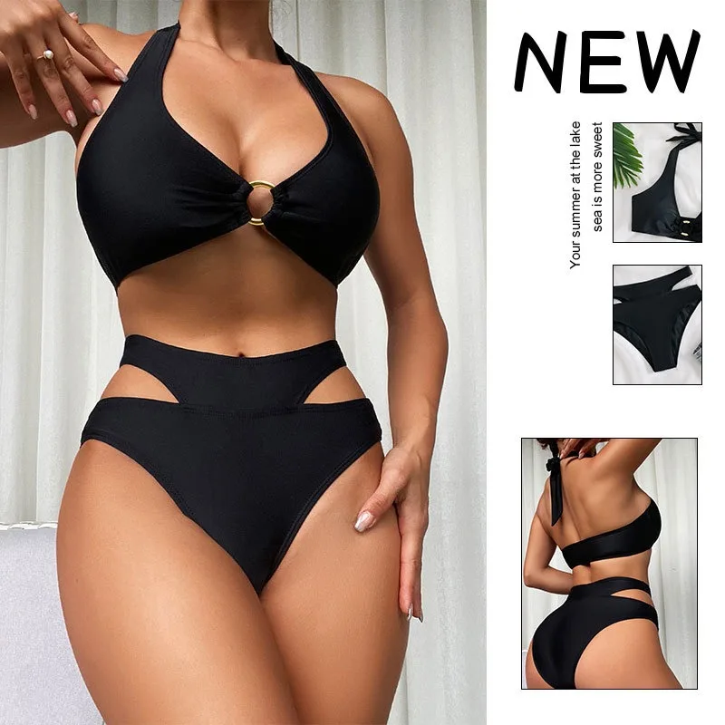 

Новинка 2023, европейский и американский купальник с лямкой на шее, Женский однотонный купальник