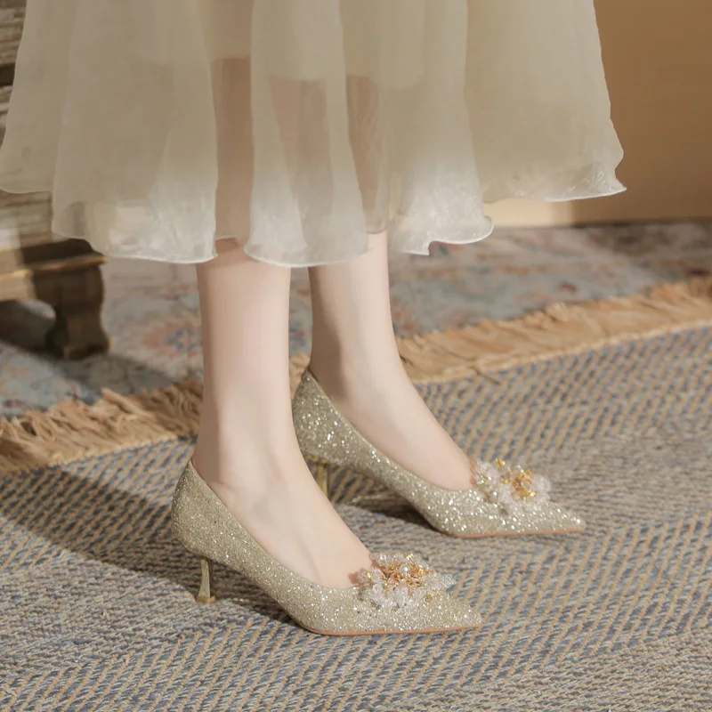 

Women Shoes 2024 Spring Pumps High Heels Pointed Toe Sexy Sandals Footwear Slip On Shallow Mouth Lace-Up Bling Bling Latest Crys