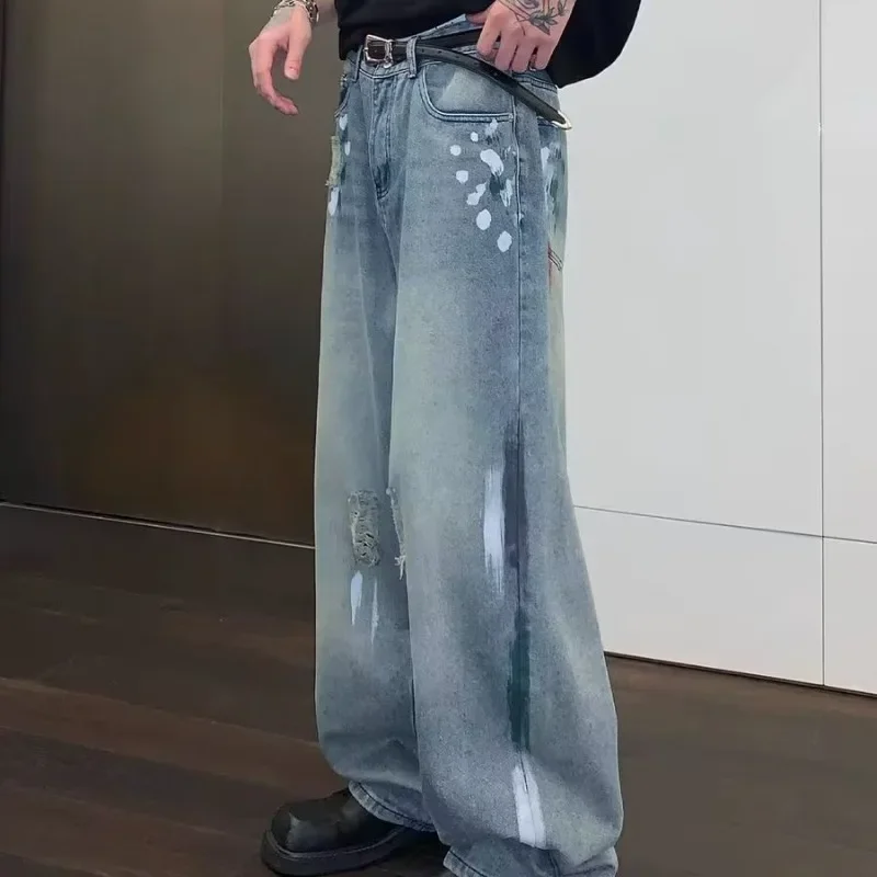 Men's Summer Jeans Loose-fit Wide-leg Straight-leg Denim Trousers American Style Casual Vibe Pants Ripped Design Sensibility