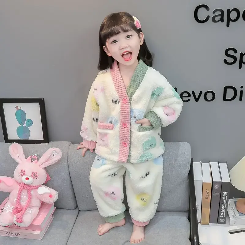 어린이 플란넬 잠옷, 여아 플러스 플리스 가디건, 따뜻한 산호 플리스, 가정 세트 세트, 가을 및 겨울