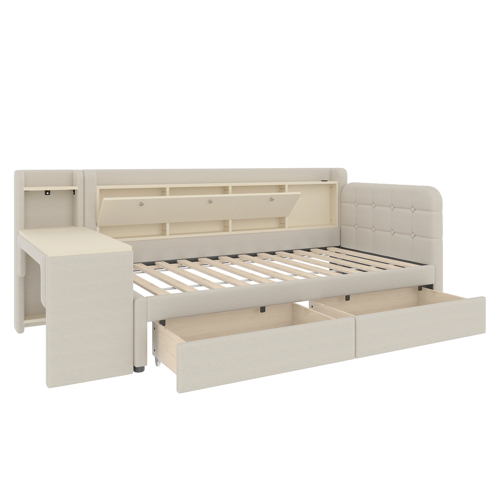 Tagesbett, 90*200cm, Tagesbett, Schlafsofa, mit 2 Schubladen, Schreibtisch, USB + Typ C, aufklappbares Staufach, Staufach – Detail 12