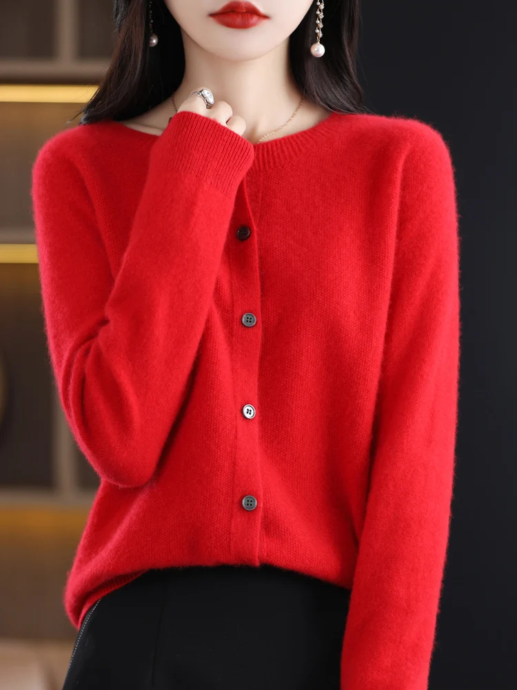 여성용 울 가디건, O넥 긴팔 스웨터, 100% 메리노 울 니트웨어, 그레이스 베이직 의류, 2024 용수철 가을 신상