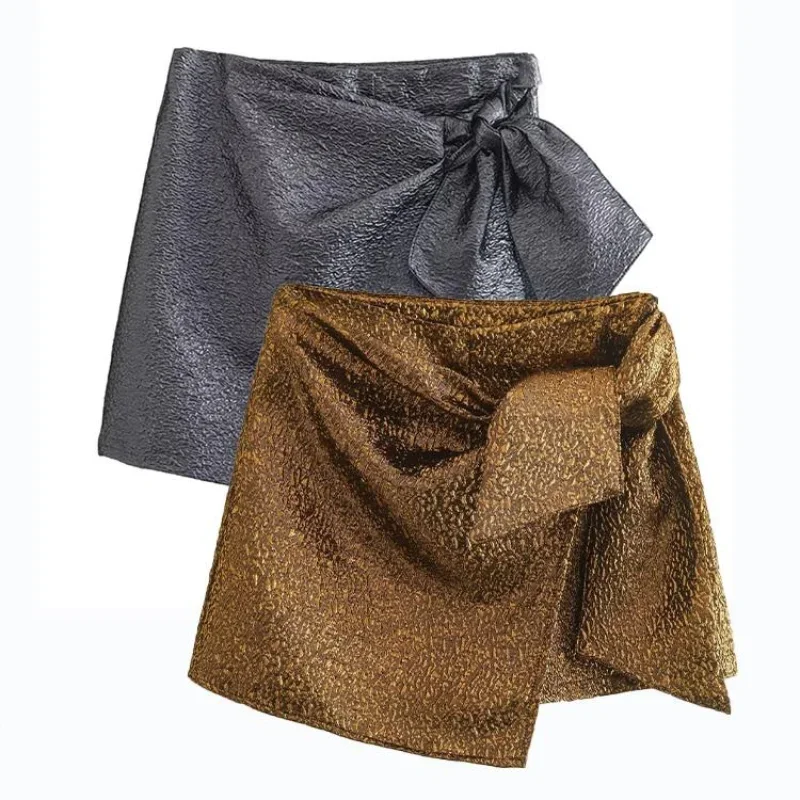 

2023 New Spring Women Shorts Skirts Traf Bow Tied Shiny High Waist Zipper Side Wrap Skorts Vintage Female Short Pants Y2K
