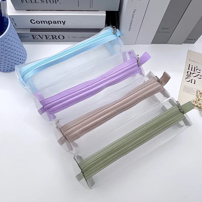 대용량 투명 메쉬 펜 파우치 심플 다용도 학생 문구 가방 사무용품용 특수 필통