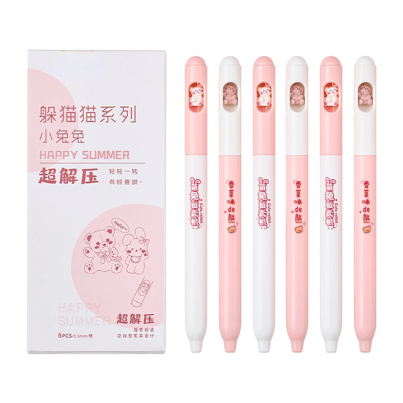 Kawaii Automático Gel Pen Set, 0,5 Recarga Caneta Esferográfica, Escritório e Material Escolar, Escrita Papelaria, Gato bonito, Preto, 3 Pcs, 6 Pcs