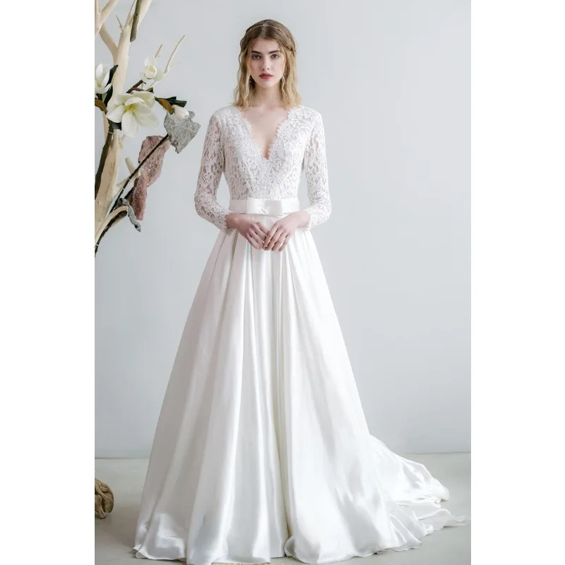 

Fashion Lace Wedding Dress Simple Adult Dresses Long Sleeve Slim Satin Drag Skirt Birthday Party Celebration Vestido Feminino