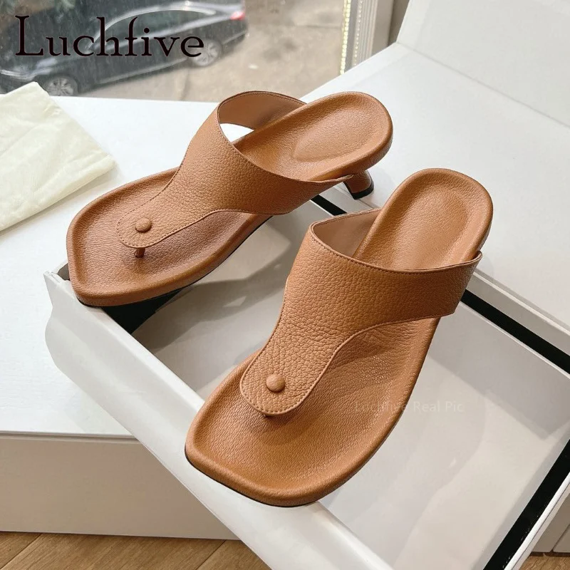 

2024 Summer New Genuine Leather Med Heel Flip Flops Women Brand Sexy Party Slippers Daily Shoes Dress Holiday Shoes Mujer