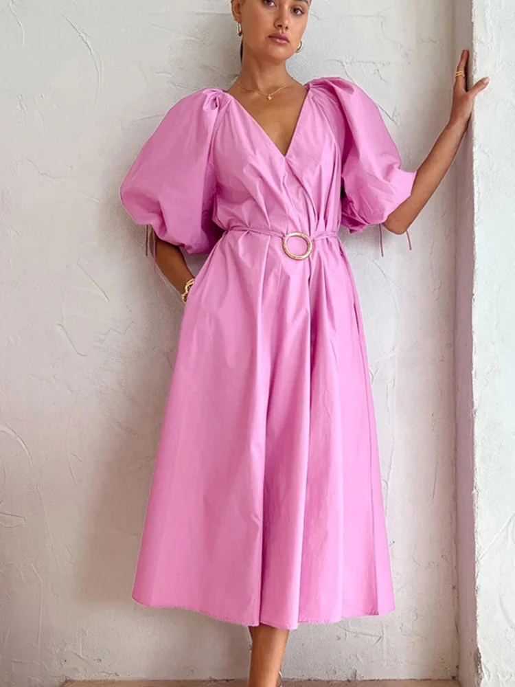 

Chicheca V Neck Puff Sleeve Maxi Summer Woman Dress Belt Pink Long Sundress Vestidos Solid Chic Spring Female Boho Dress Beach