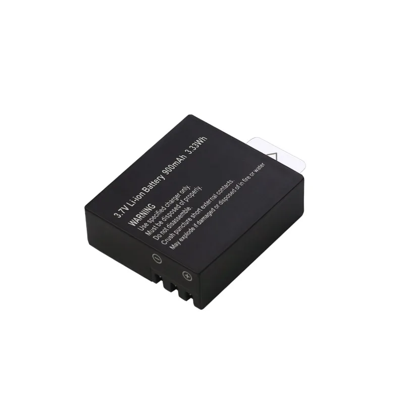 Batterie rechargeable 900mAh pour caméra d'action sportive, vue en perspective montrant l'épaisseur