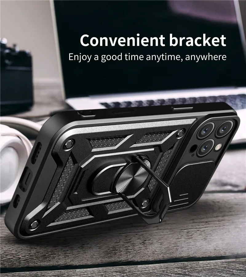 Military Grade Bumper Armor Case with Ring Cover and Slide Lens Protector