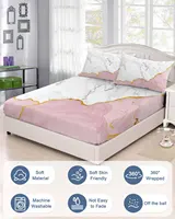 White Marble Pink Bedding Fitted Sheet Set Elastic Band Mattress Cover King Size Bed Cover With Pillowcase 3