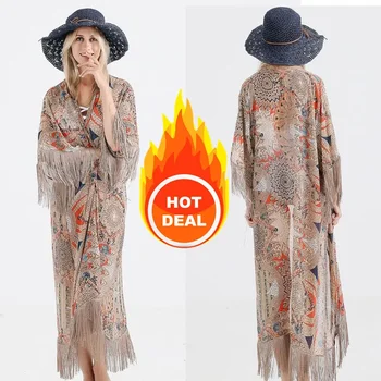 2021 Retro Printed Half Sleeve Cardigan Kimono Boho Fringed Tassels Cover Up Ankle Length Cape Beach Swimsuit 1