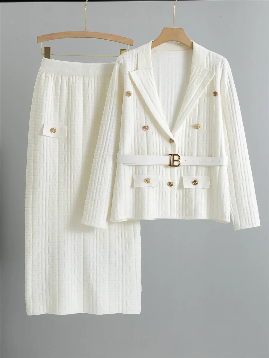 Chic Design Knitted 2 Piece Sets Women Single Breasted Knit Sweater Cardigan Tops With Belt Conjuntos High Waist Skirts Outfit 2