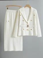 Chic Design Knitted 2 Piece Sets Women Single Breasted Knit Sweater Cardigan Tops With Belt Conjuntos High Waist Skirts Outfit 2