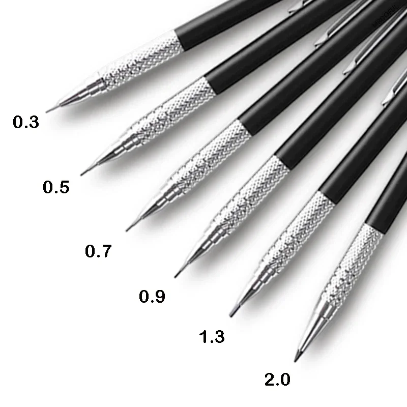 Full Black Metal Mechanical Pencils Set HB Leads 0.3 0.5 0.7 0.9 1.3 2.0mm Retractable Sketch Pencil with Eraser School Supplies 3