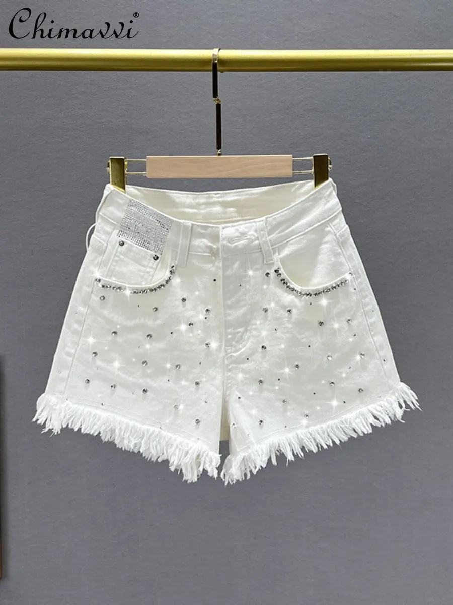 

Diamond Denim Shorts Women's Fashion 2023 Summer New Fashion High Waist Slim European Frayed A- Line Wide Leg Pants Hot Pants