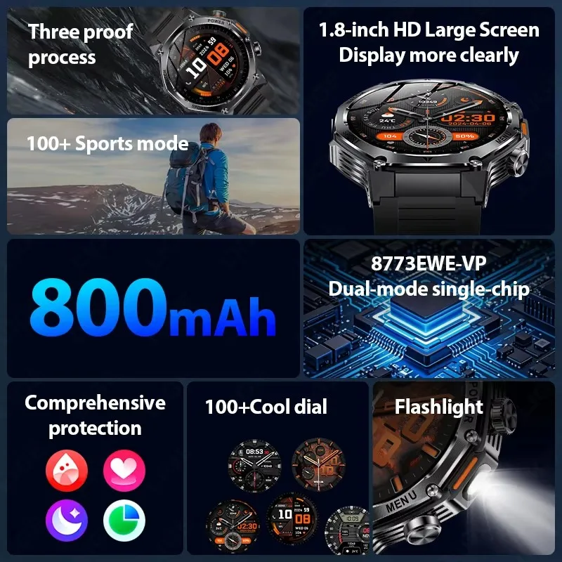 2025 New Sports Smartwatch 800mAh Battery 1.8-Inch HD TFT Display Wireless Talk LED Flashlight Stainless Steel Strap Compatible 2