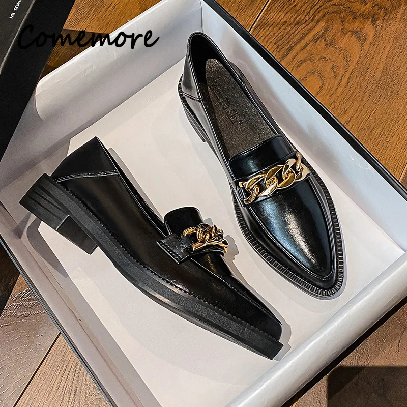 Comemore Plus Size 42 Oxford Shoes Woman Loafers Leather Flats Chains Sneakers Trend Girls Lolita Medium Heels Flats Spring
