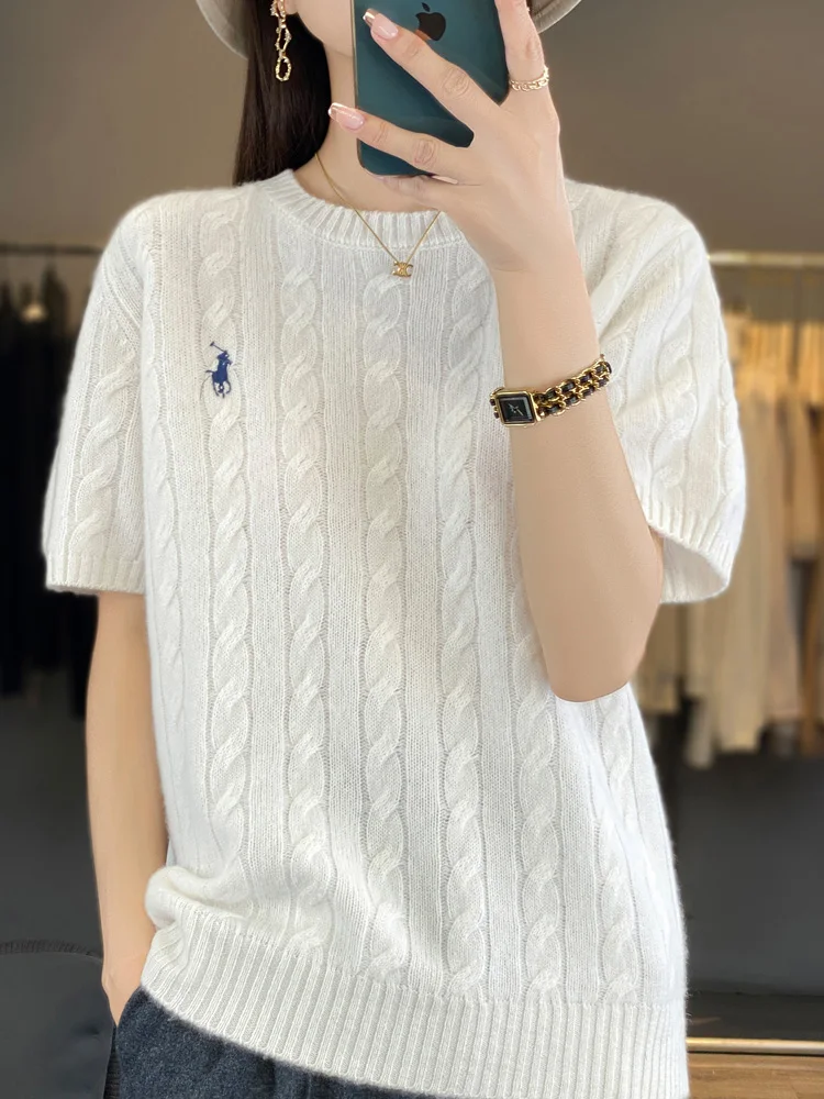 

Women's O-Neck Short Sleeve Sweater 100% Merino Wool Solid Color Pullover Loose Soft Jumper Knitwear Tops Spring Summer Autumn