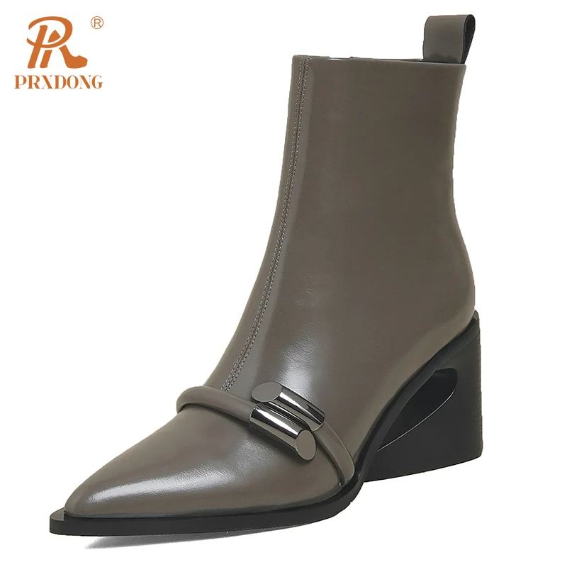 

PRXDONG Genuine Leather Women's Ankle Boots Sexy High Heels Pointed Toe Black Brown Zipper Dress Party Female Autumn Winter 39