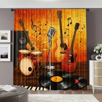 2pcs, spring summer Curtains Music theme, guitar, mic, record Light Filtering Sheer Curtains Versatile Polyester Fabric Room 2