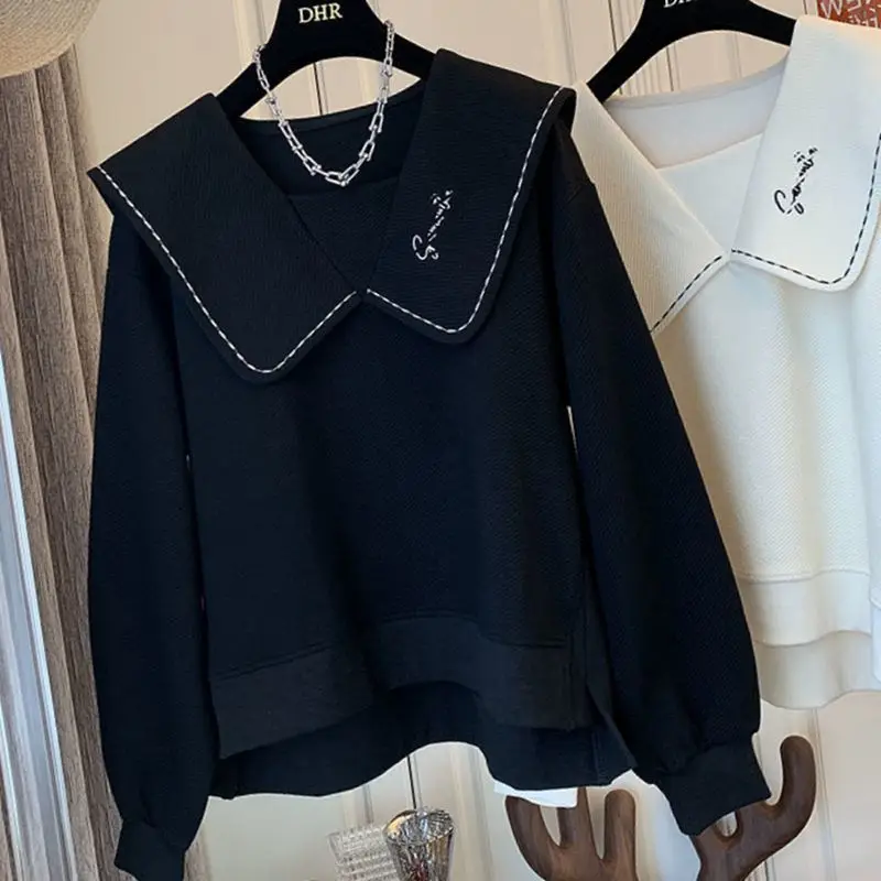 Spring Autumn New Solid Color Fashion Doll Collar Sweatshirts Women High Street Casual Embroidered Pullovers Youth All-match Top