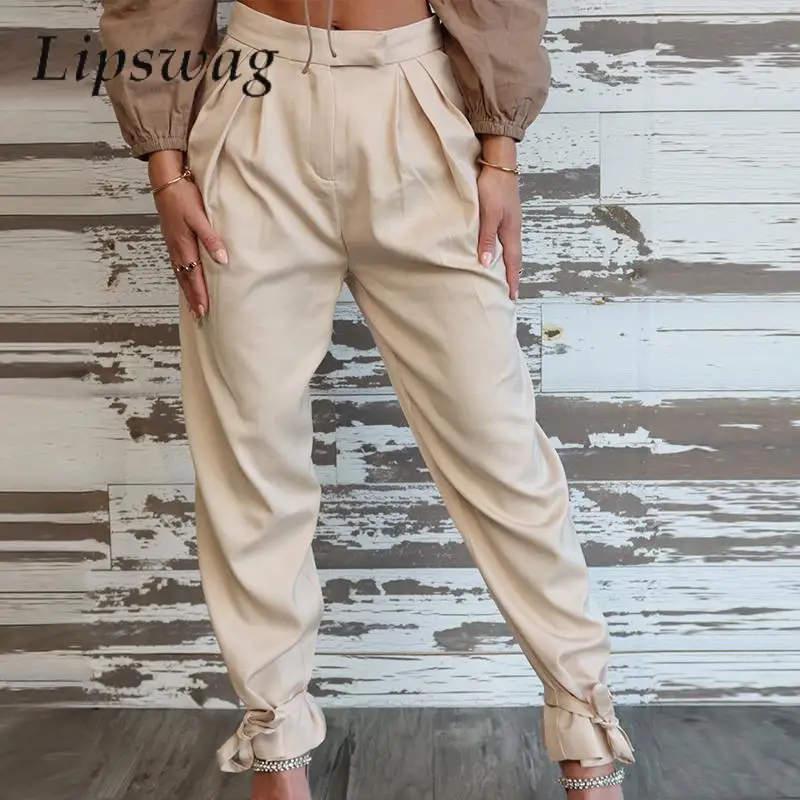 

Commuting Fashion Solid Pockets Pants Casual Women Pleat High Waist Troursers Elegant Ankle Lace-up Strap Long Pants Streetwear