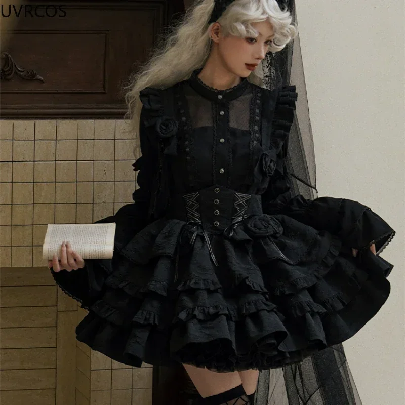 Japanese Victorian Gothic Lolita Dress Women Punk Style Rose Bow Sleeveless Bandage Strap Dresses Harajuku Y2k Party Mini Dress lolita dress lolita cosplay costumes