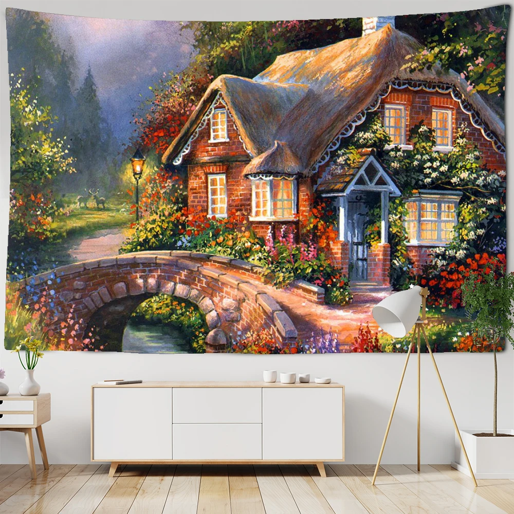 

Fairy Tale Cottage Forest Scenery Tapestry Wall Hanging Bohemia Art Printed Tapestry Room Decorate Hippie Background Wall Cloth