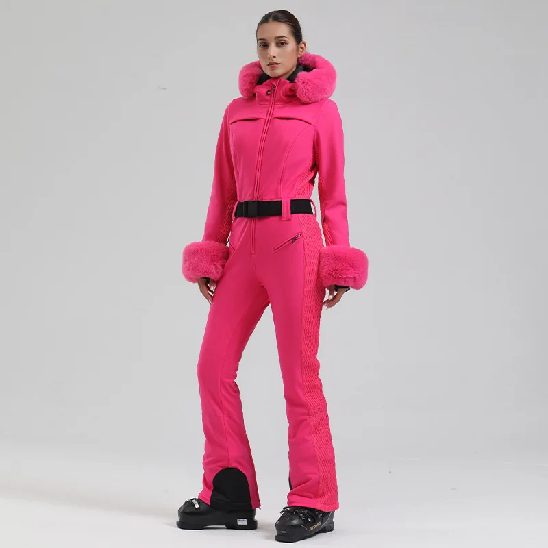 GSOU SNOW Ski Suit Women One Piece Snowsuit Slim Ski Jumpsuit Faux Fur Snowboard Waterproof Windproof Insulated Warm Hooded