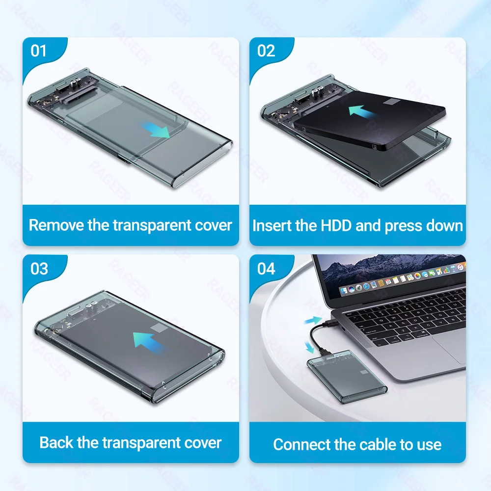 RAGEER 2.5인치 하드 드라이브 인클로저 - 공구 없이 설치, USB 3.0 UASP 지원, 2.5인치 SATA SSD 및 HDD용 5Gbps 속도, 플러그 앤 플레이 지원