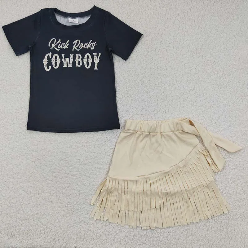 

Wholesale Western Summer Toddler Outfit Baby Girl Cotton Black Short Sleeves Cow Shirt Tassel Fringe Skirt Children Kid New Set