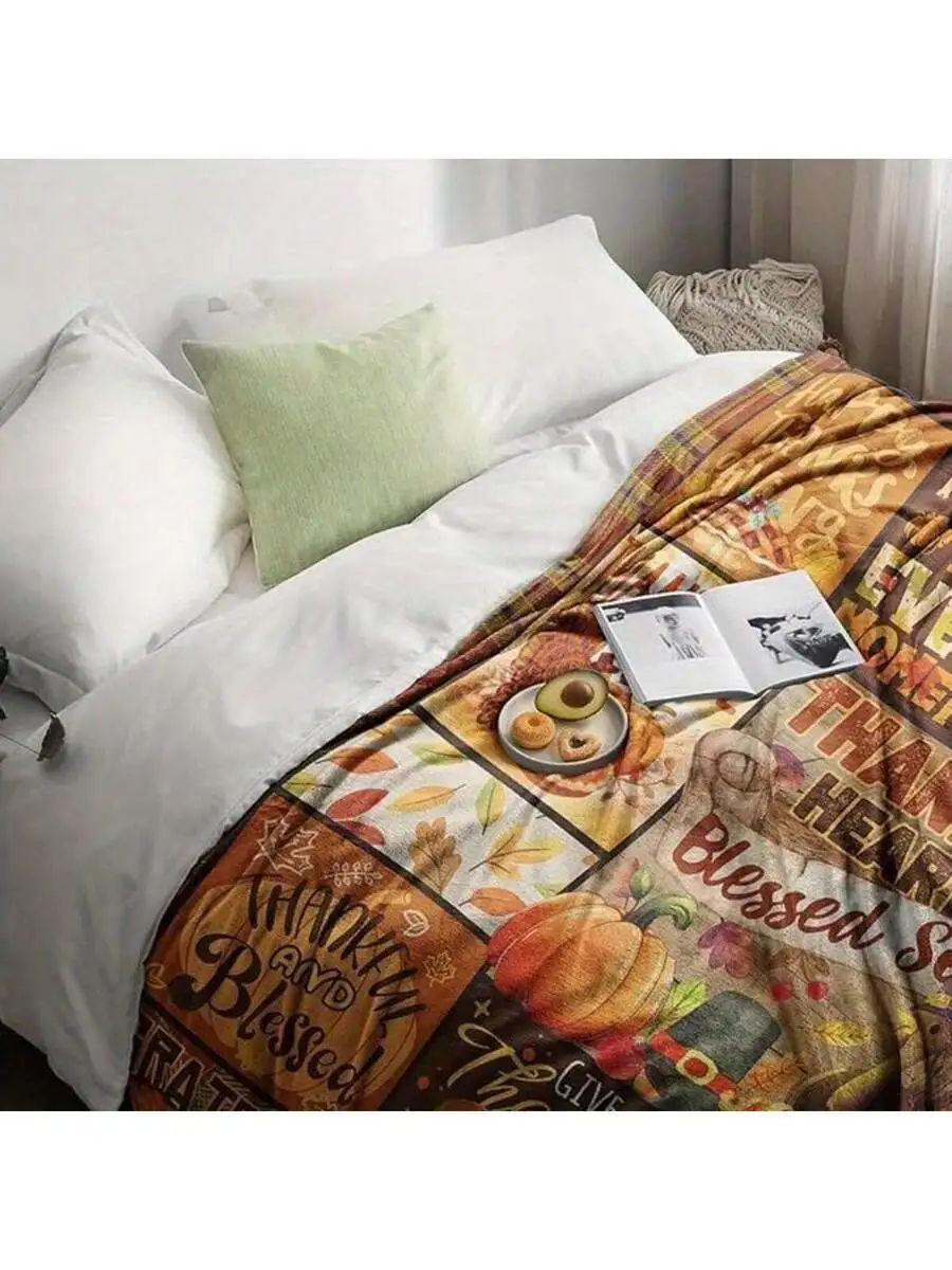 Thanksgiving Pumpkin Plaid Throw Blanket, Fall Decor with Turkey Maple Leaf Pattern, Cozy Couch Bed Sofa Blanket for Autumn