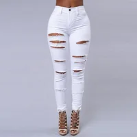 Sexy High Waist Ripped Women's Skinny Jeans Black White Hole Hip Package Bodycon Stretch Denim Pants Female Trendy Streetwear