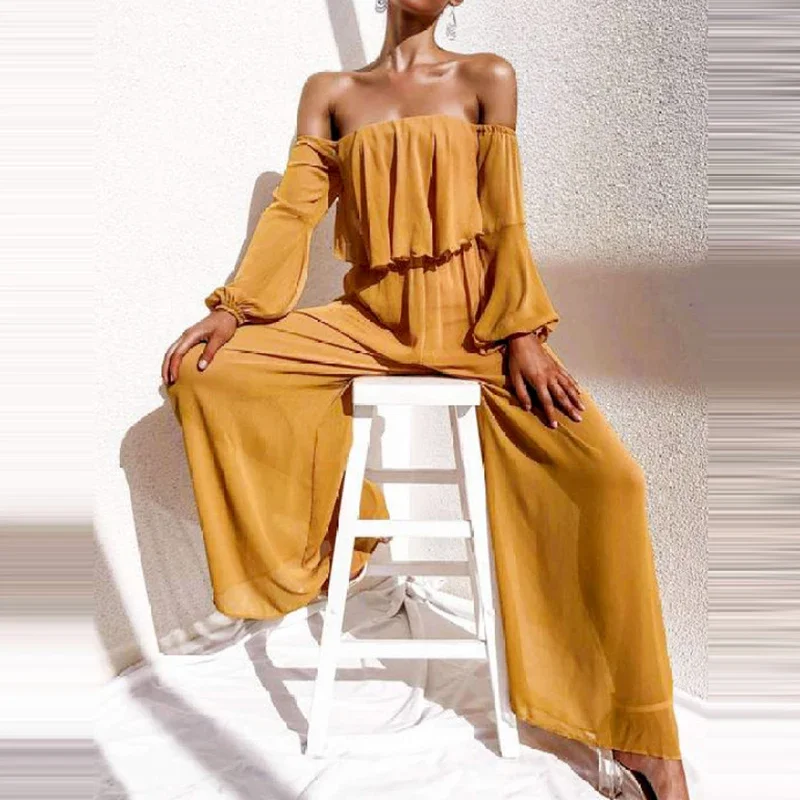 2021 Summer Women New One Shoulder Long Sleeves Fashion Chiffon Jumpsuit Casual Solid Color Elegant Slim Holiday Jumpsuit Autumn