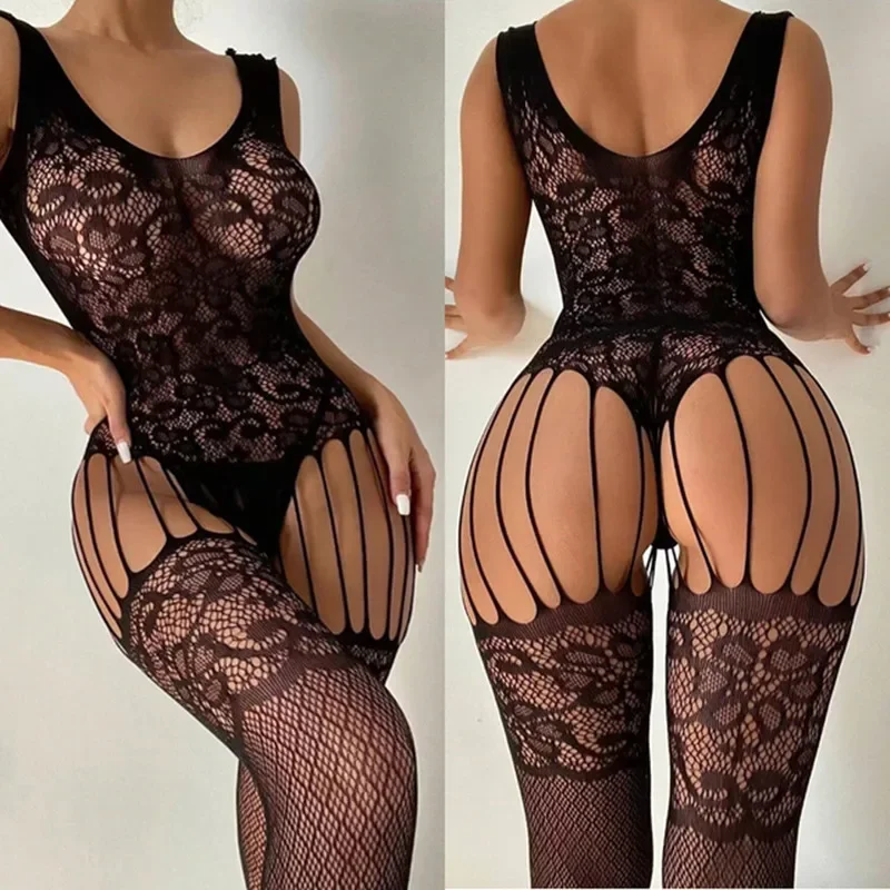 Plus Size Sexy Adult Fishnet Bodystockings Black Bodysuit Women Crotchless Lingerie Ladies Porn Underwear Erotic Sleepwear FA006