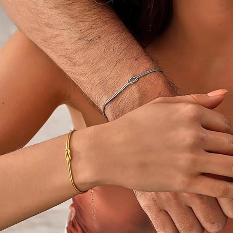 Браслеты для пар Love Knot, изящные регулируемые из нержавеющей стали с покрытием из настоящего золота 14 к, подарок для пар