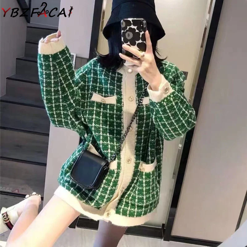 

2022 Fall Winter Gentle Long Sleeve Pink Sweater Jacket Women Korean Midi Houndstooth Knit Cardigan Loose Lazy Wind Sweater Coat