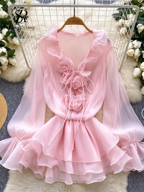 SINGREINY 3D Floral Beach Short Dress Female Long Sleeves Lace Up Ruffle Chiffon Cake Sundress Sheer Sexy Vintage Bohemian Dress