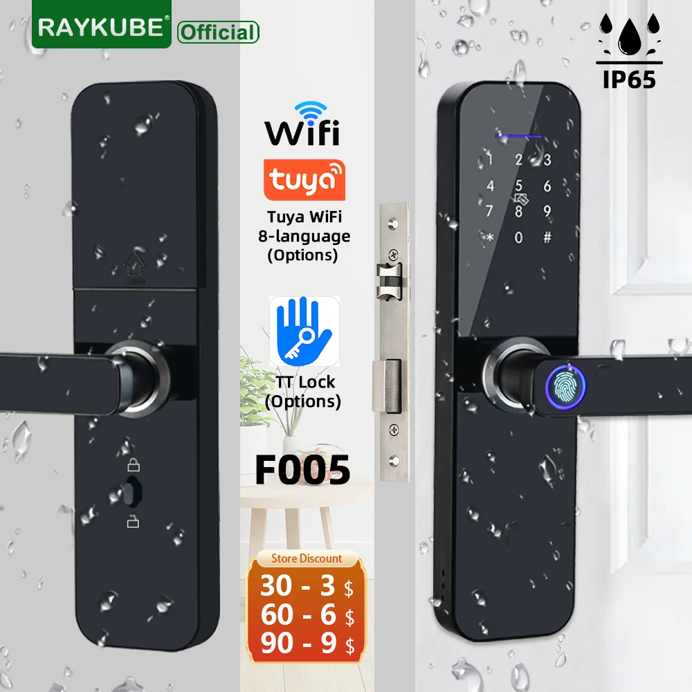  RAYKUBE F005 IP65 Waterproof Tuya Wifi/ TT Lock Electronic Smart Door Lock With Fingerprint/Smart Card/Password/Key/APP Unlock