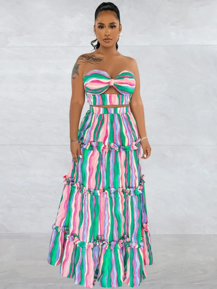 Polyester Summer African Clothes For Women Two Piece Set Dashiki Fashion Sets Long Skirt Suits Outfits Party Vetement Femme