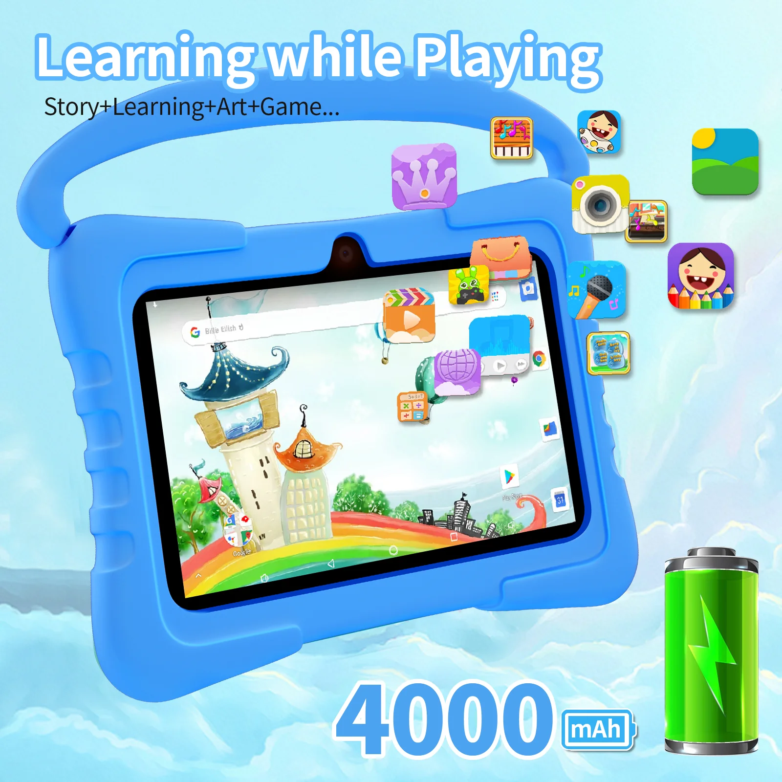 7 inch Android Kids Learning Tablet 4000mah 32GB Quad Core Android9.0  With tablet protective sleeve and tablet tempered film 3