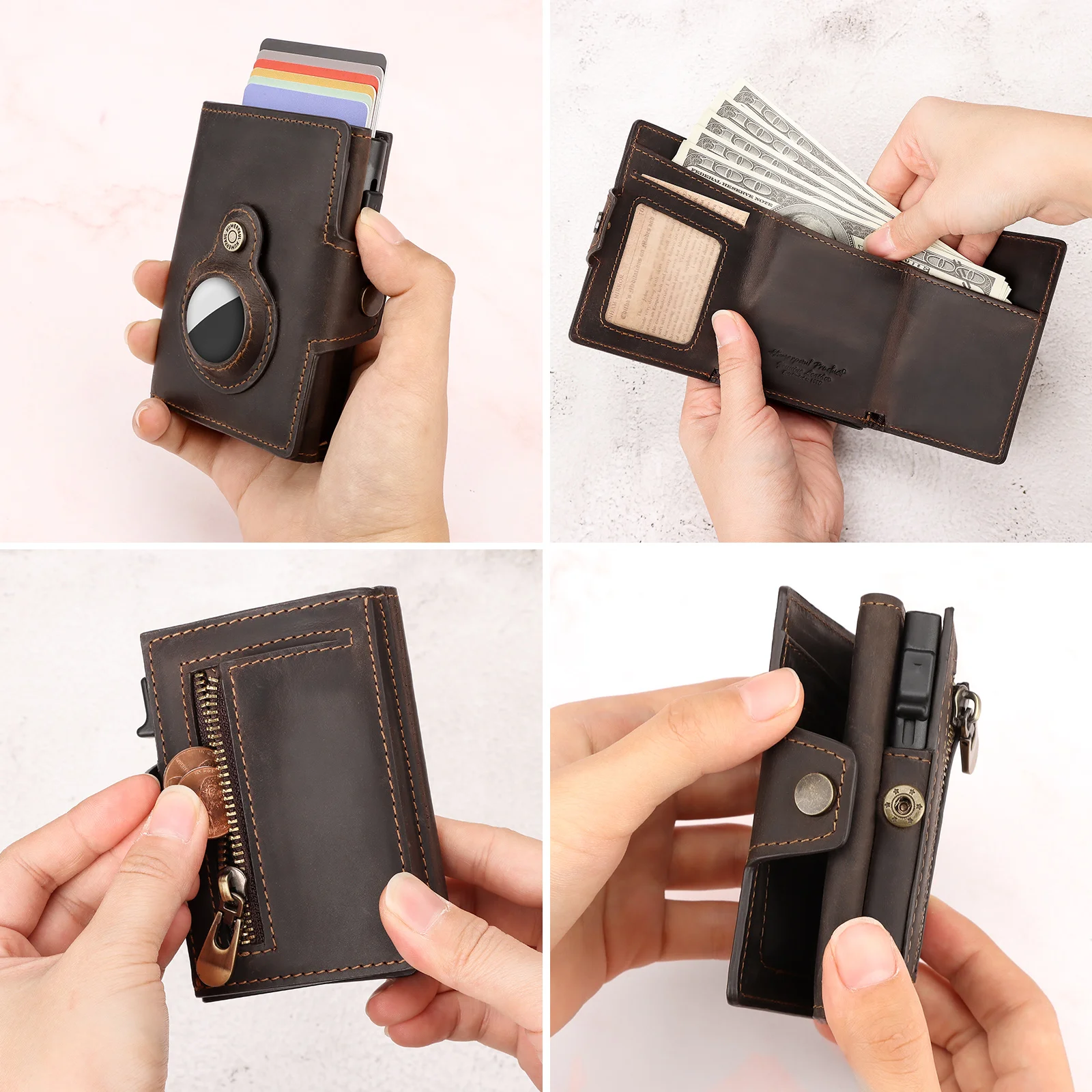 Genuine Leather Card Holder Wallet With AirTag Slot - RFID Blocking Pop-Up Minimalist Wallet (Blue) - View #3