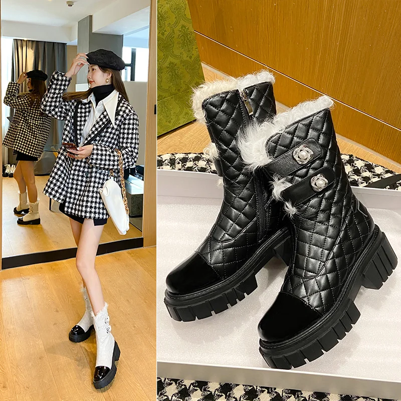

2022 European winter boots natural leather warm snow boots 22-24.5cm Patent leather+special fabric+wool ankle boot Woolen boots