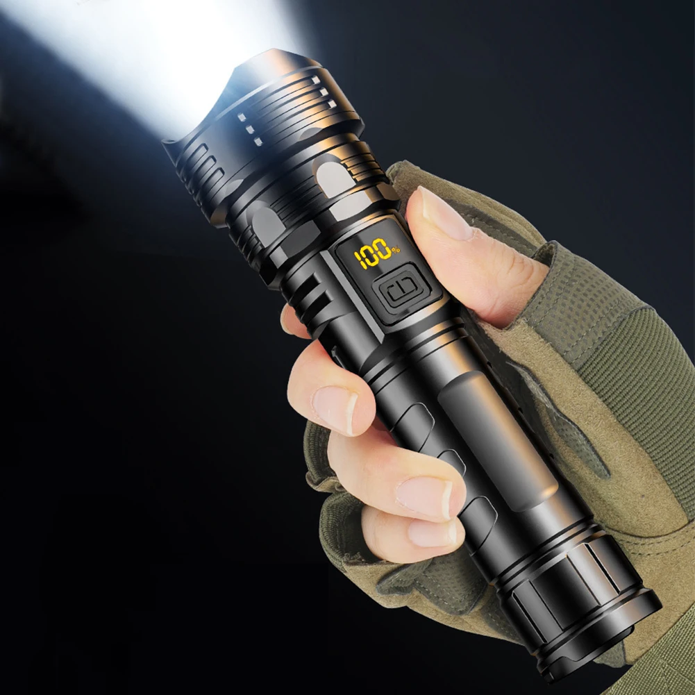 10W Zoomable Flashlight With Power Display Rechargeable LED Flashlight Waterproof Strong Light Tactical Torch For Camping Hiking