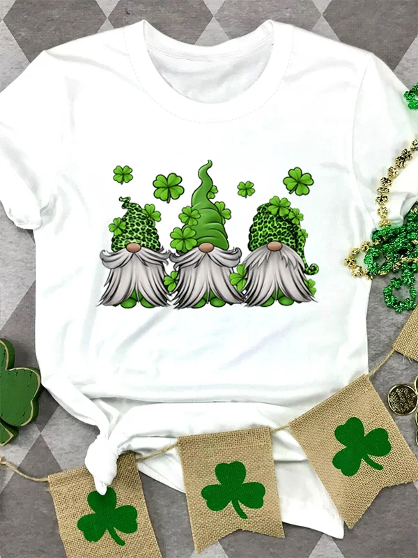 

2024 New Stylish Hot Sale St. Patrick's Day Women T-shirt Cartoon Vintage Three Little Green Dwarfs Four-leaf Clover Female Tee